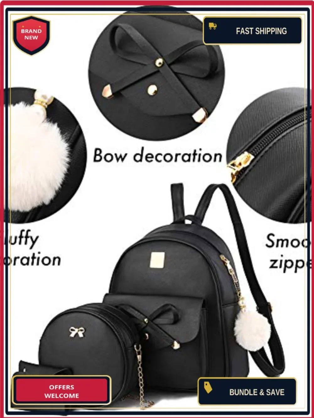 Faux Leather Bowknot 3-Piece Backpack for Women Ladies Rucksack Travel